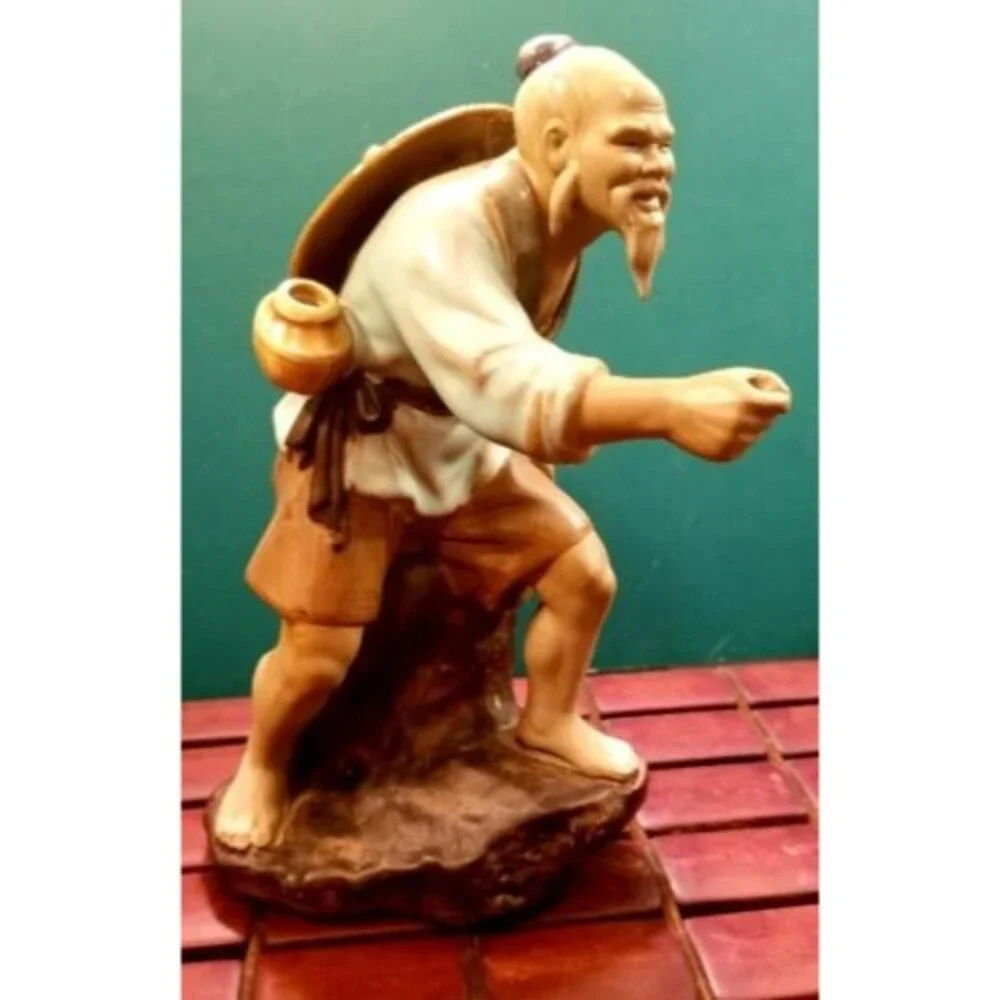 Vintage Chinese Mudman Fisherman Clay Figurine Sitting On Rock No Pole Excellent